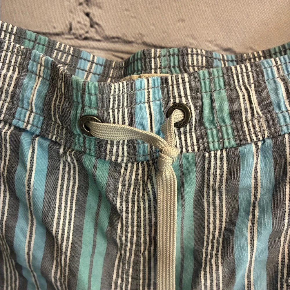 Onia Swim Trunk Shorts Men’s Blue Gray Stripe Print‎ Mesh Lined Pockets Size L